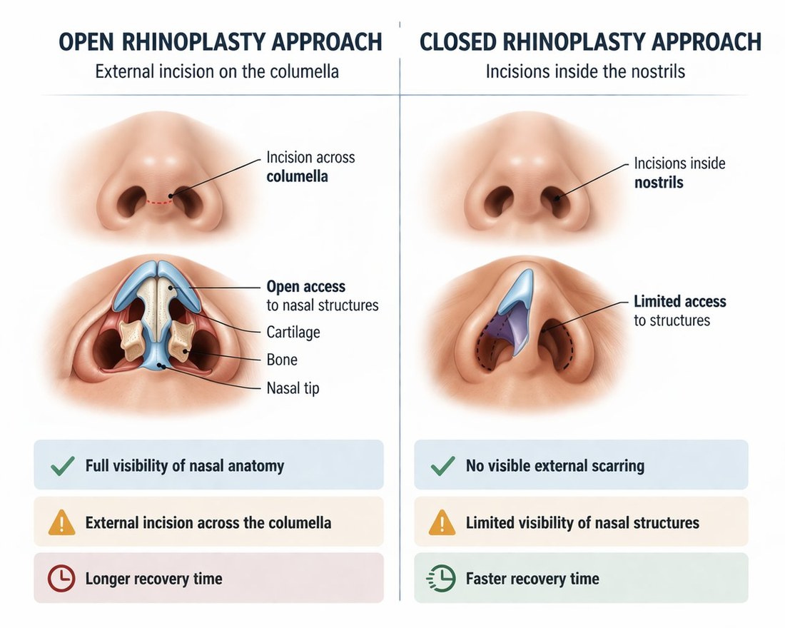 Diagram showing dorsal preservation rhinoplasty technique — natural bridge lowered as a unit versus structural rhinoplasty where the dorsum is removed and rebuilt